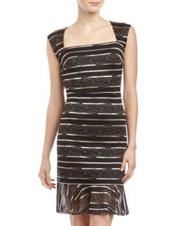 Sabrina Floral & Stripe Lace Dress, Black