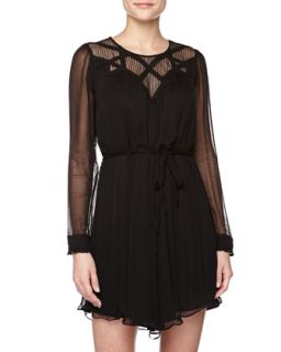 Long Sleeve Lace Chiffon Dress, Black