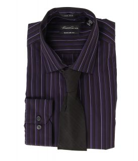 Kenneth Cole New York Non Iron Regular Fit Textured Stripe Dress Shirt Mens Long Sleeve Button Up (Brown)