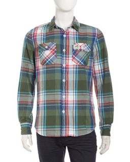 Plaid Flannel Long Sleeve Shirt, Green Check