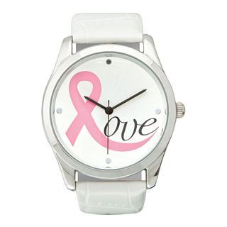 Womens Breast Cancer Pink Ribbon Love Strap Watch, White