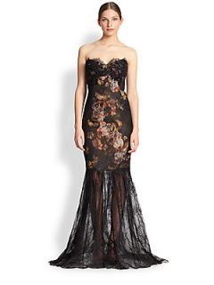 Notte by Marchesa Strapless Lace Mermaid Gown   Black Floral