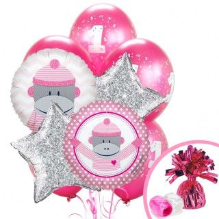 Sock Monkey Pink 1st Birthday Balloon Bouquet