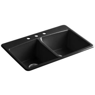 KOHLER Brookfield Top Mount Cast Iron 22x33x9.625 3 Hole Double Bowl Kitchen Sink in Black 5846 3 7