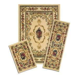Capri Savonnerie Beige 3 Piece Set Contains 5 ft. x 7 ft. Area Rug, Matching 22 in. x 59 in. Runner and 22 in. x 31 in. Mat X470/372 W