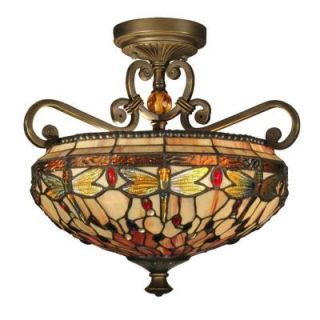 Dale Tiffany Briar Dragonfly 2 Light Antique Golden Sand Semi Flush Mount with Art Glass Shade TH10099