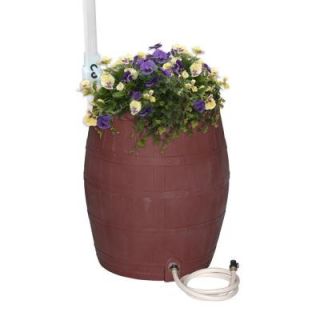 RESCUE 50 gal. Solid Brown Flat Back Whiskey Rain Barrel with Integrated Planter and Diverter System 2242 1
