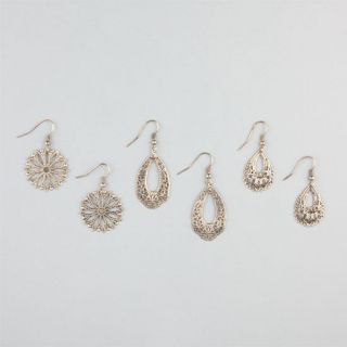 3 Pairs Filigree Flower/Teardrop Earrings Gold One Size For Women 2406