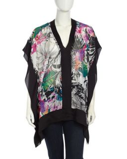 Tropical Print Silk Kimono Blouse, Multicolor