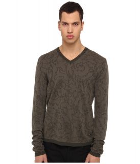 Versace Collection V Neck with Contrast Texture Mens Sweater (Olive)