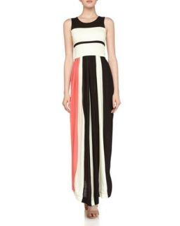 Striped Pleated Maxi Dress, Black/Acid Zest/Party Pink
