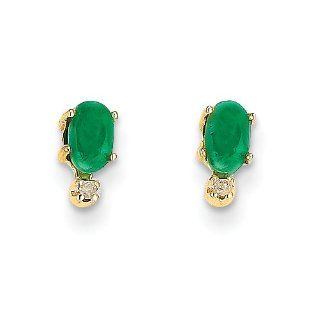 14K Yellow Gold Genuine Emerald May Birthstone & Diamond Post Earrings Jewelry