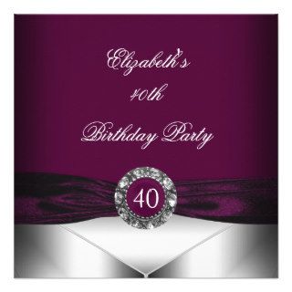 Burgundy 40th Birthday Diamond White Silver Party Invitations