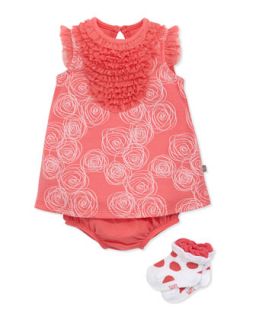 Ruffle Bib Rose Print Dress & Diaper Cover Set, 12 24 Months