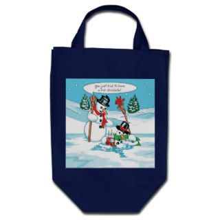 Funny Snowman with Hot Chocolate Cartoon Tote Bags