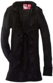 Derek Heart Girl 7 16 Long Sleeve V Neck Front Tie Ruffle Cardigan with Accents, True Black/True Black Lurex, Large: Clothing