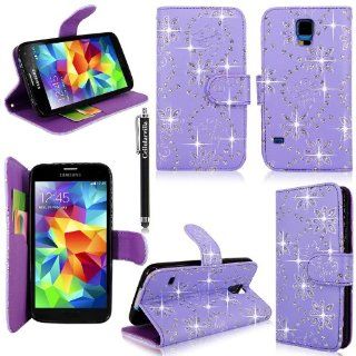 Cellularvilla Wallet Case for Samsung Galaxy S5 Purple Glitter Pu Leather Wallet Card Flip Open Pocket Case Cover Pouch + Stylus Touch Pen: Cell Phones & Accessories