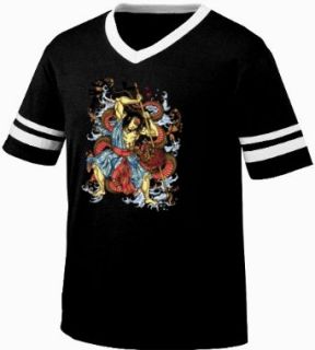 Warrior Battling Dragon Mens Ringer Tattoo T shirt, Old School Samurai Tattoo Mens V Neck Shirt: Novelty T Shirts: Clothing