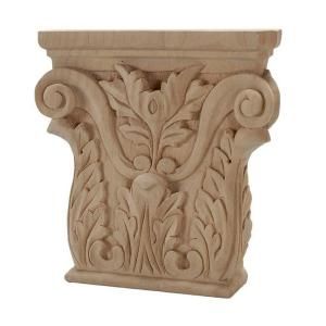 American Pro Decor 6 1/4 in. x 6 1/8 in. x 1 1/4 in. Unfinished Hand Carved Solid American Alder Acanthus Wood Onlay Capital Wood Applique 5APD10445