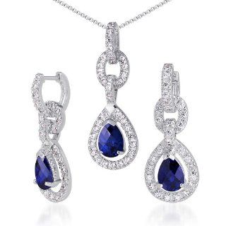 Alluring Design Pear Checkerboard Shape Created Blue Sapphire Pendant Earrings Set in Sterling Silver Rhodium Nickel Finish: Peora: Jewelry