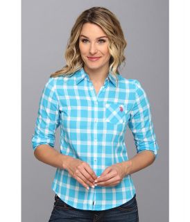 U.S. Polo Assn Long Sleeve Cotton Poplin Plaid Shirt Womens Long Sleeve Button Up (Blue)