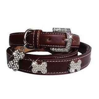 "Luxe Bone" 122 Swarovski crystals jewelled Leather Dog Collar   Chocolate / Small (7" 11") : Pet Collars : Pet Supplies