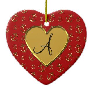 Monogram red gold anchors pattern heart christmas tree ornament