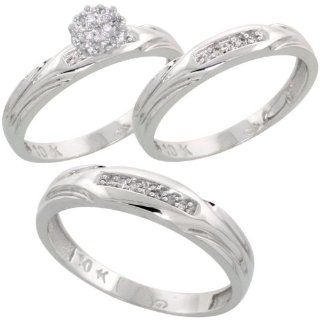 10k White Gold Diamond Trio Engagement Wedding Ring Set for Him and Her 3 piece 4.5 mm & 3.5 mm wide 0.13 cttw Brilliant Cut, ladies sizes 5   10, mens sizes 8   14 Jewelry