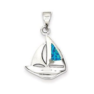 Blue Inlay Created Opal Sailboat Pendant  Sterling Silver Blue Inlay Created Opal Sailboat Pendant: Jewelry
