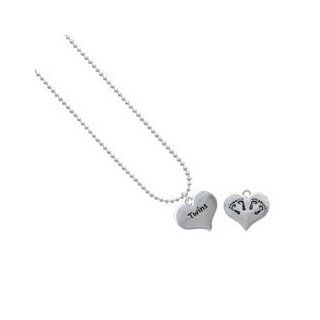 "Twins" Heart with Two Pair of Baby Feet   Silver Plated Ball Chain Charm Nec: Jewelry