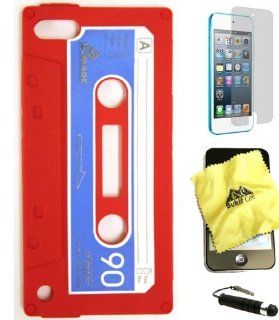BUKIT CELL (TM) Apple iPod Touch 5 5G 5th Generation Cassette Tape Silicone Case (RED) + BUKIT CELL Trademark Lint Cleaning Cloth + Screen Protector + WirelessGeeks247 METALLIC Touch Screen STYLUS PEN with Anti Dust Plug [bundle   4 items: case, cloth, sty