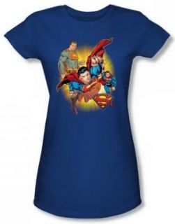 Jla Superman Collage Jrs Royal Sheer Cap Sleeve T Shirt JLA249 JS: Clothing