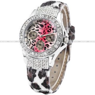 MILER Leopard Bling Crystal Lady Women Girl White PU Leather Quartz Wrist Watch WAA273: Watches