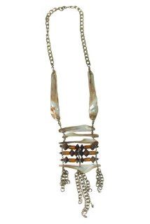 Irregular Brownlip Shell Elements with Mixed Glass & Wood Beads Chain Necklace: Jewelry