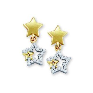 Triple Star Earrings Two Tone White and Yellow Gold Set with 36 Genuine Diamonds Jewelry