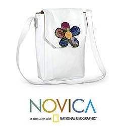 Leather 'White Maya Flower' Medium Shoulder Bag (Guatemala) Novica Leather Bags