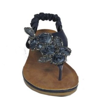Sunrise 308 Gladiator Floral Rhinestone Thong Flat Sandals Blue 10: Shoes