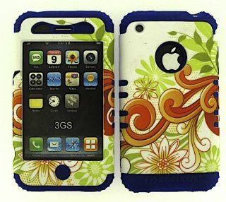3 IN 1 HYBRID SILICONE COVER FOR APPLE IPHONE 3G 3GS HARD CASE SOFT DARK BLUE RUBBER SKIN FLOWERS DB TE283 KOOL KASE ROCKER CELL PHONE ACCESSORY EXCLUSIVE BY MANDMWIRELESS: Cell Phones & Accessories