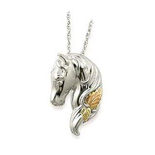 Beautiful Sterling Silver Horse Head with 12K Red Rose and 12K Green Leaves Pendant Jewelry