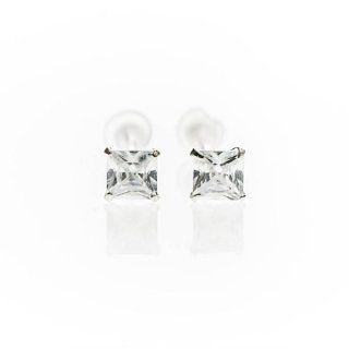Solitaire Square Shaped 4mm White Cubic Zirconia Diamond Flat 4 prongs Sterling Silver Stud Earrings Jewelry