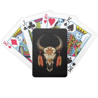 Decorated Native Bull Skull with Feathers on Black Bicycle Playing Cards