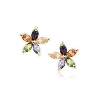 Women's 18K Gold Plated Flower With Five Colors (Blue Brown Red Purple Yellow) Gemstones Stud Earrings Gift E366: Jewelry