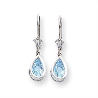 14k White Gold 8x5mm Pear Blue Topaz leverback earring: Jewelry