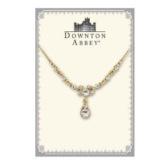 Downton Abbey Sparkling Diamond like Crystal Gold Tone Solitaire Drop Necklace: Pendant Necklaces: Jewelry