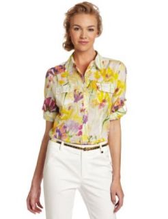Calvin Klein Women's Printed Button Up Roll Sleeve Shirt, Tulip Multi, Small