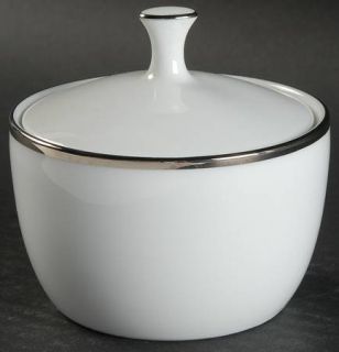 Kenmark Patrician Sugar Bowl & Lid, Fine China Dinnerware   White, Platinum Trim