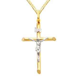 14K Yellow and White Gold 2 Two Tone Gold Crucifix Cross Charm Pendant with Yellow Gold 2.3mm Figaro Chain Necklace with Lobster Claw Clasp   Pendant Necklace Combination (Different Chain Lengths Available) The World Jewelry Center Jewelry