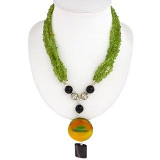 EXP Handmade Green Peridot, Agate & Black Onyx Necklace With Antiqued Silver Tone Beads: Jewelry