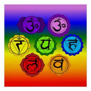 Yoga Reiki Seven Chakras Symbols Rainbow BG Poster