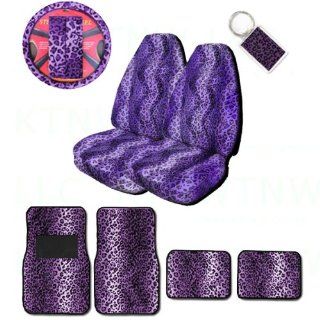 A Set of 2 Universal Fit Animal Print High Back Bucket Seat Covers, Wheel Cover, 2 Shoulder Pads 4 Floor Mats, and 1 Key Fob   Leopard Purple: Automotive